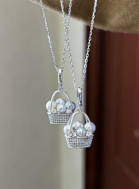 S925纯银财篮子珍珠花篮锁骨链女