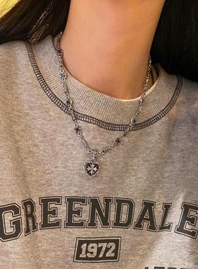 S925纯银克罗爱心十字架项链甜酷