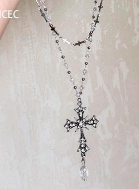 甜酷风黑色十字架双层项链叠戴女
