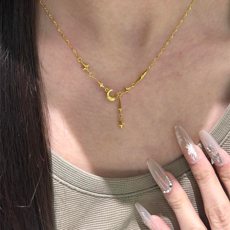 新中式中古金色四芒星月亮流苏项链女款高级感轻奢小众复古锁骨链,淘宝优惠券,粉丝福利购,淘宝优惠卷