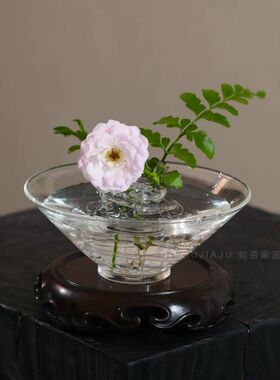 中式插花碗玻璃球剑山插花器套装茶台摆件家居茶席装饰花留鹤巢