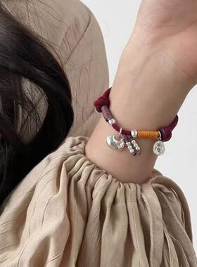 复古风银色坨坨盘缠小胖福袋红绳手链编绳手绳情侣男女生礼物