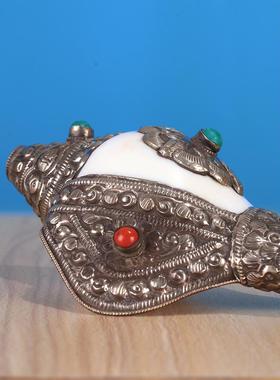 尼泊尔白海螺佛家左旋生物右旋天然藏式密宗法器家用摆件手工包铜