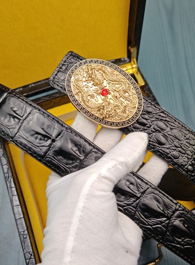 双龙戏珠皮带男士真皮鳄鱼纹腰带打孔皮带青年个性高端正装裤带潮