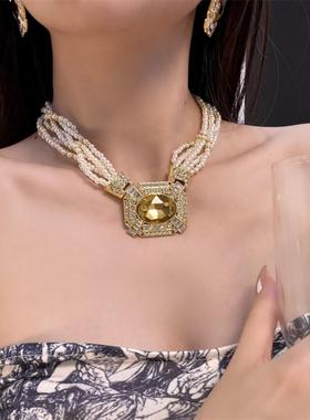 2026覆古黄色椭圆水晶吊坠项炼多层珍珠锁骨炼层次感叠戴颈炼套装