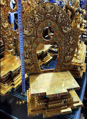 铜鎏金佛像底座大鹏鸟雕花带背光佛台加高垫高金刚台法座佛龛摆件