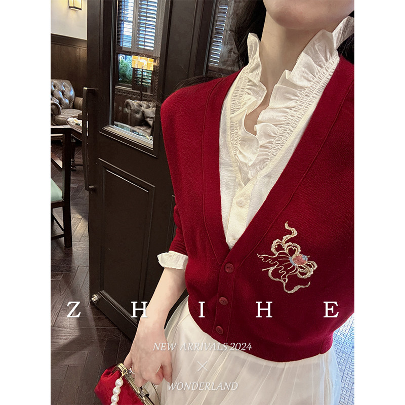 无艳一禾【暖岁】原创设计静奢刺绣假两件针织衫+纱裙套装
