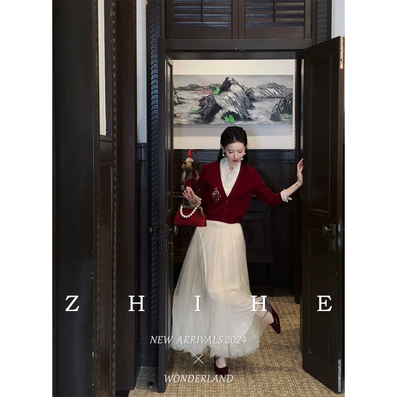 无艳一禾【暖岁】原创设计静奢刺绣假两件针织衫+纱裙套装