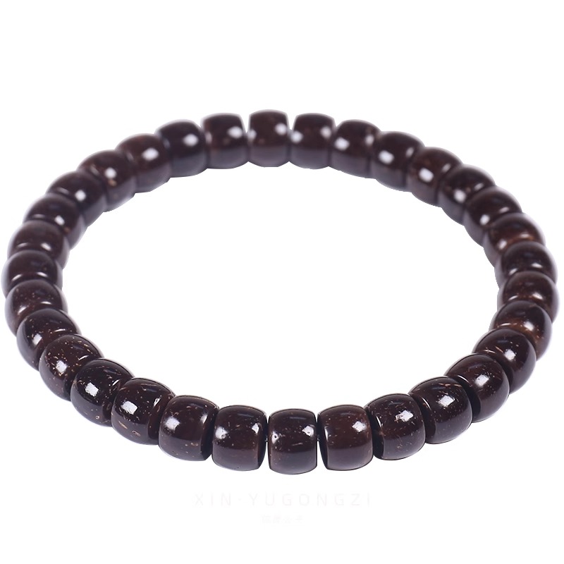 保真印尼原生态椰蒂单圈手串直切老型桶珠圆珠黑金原色男女款手链 - 图3