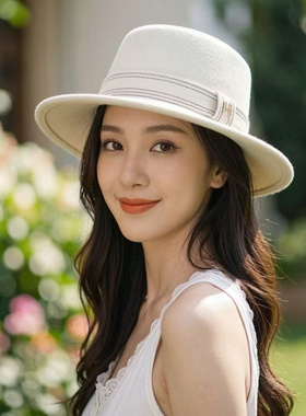 韩版潮英伦复古花朵羊毛呢礼帽女通用呢子毡帽爵士帽礼帽子