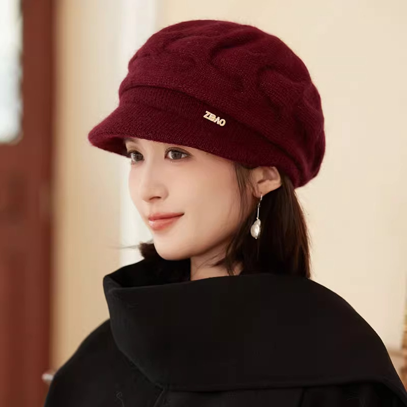 帽子女冬季秋冬针织毛线帽时尚兔毛贝雷帽韩版潮鸭舌帽加厚渔夫帽