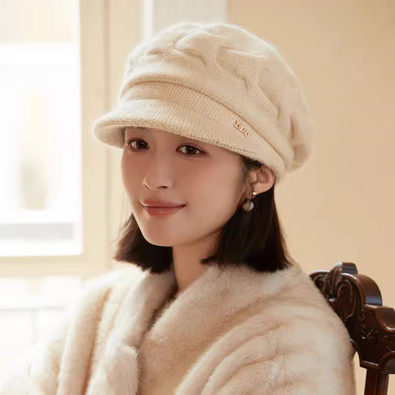 帽子女冬季秋冬针织毛线帽时尚兔毛贝雷帽韩版潮鸭舌帽加厚渔夫帽