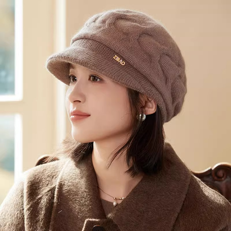 帽子女冬季秋冬针织毛线帽时尚兔毛贝雷帽韩版潮鸭舌帽加厚渔夫帽
