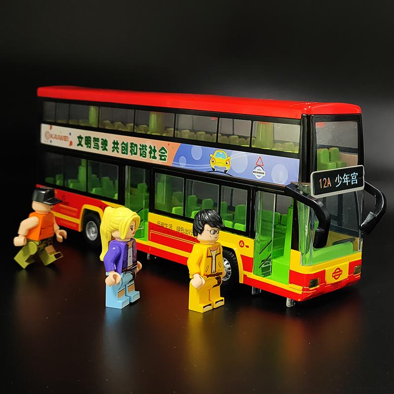 合金双层巴士儿童玩具大巴车仿真公共汽车模型开门大号公交车男孩-图0