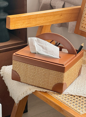 新款复古草编织手提纸巾盒桌面收纳盒客厅卧室轻奢皮革装饰收纳盒