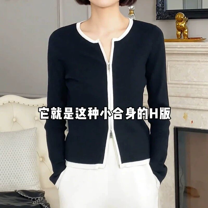 大洪官方经典款黑与白春季新款羊毛拉链开衫女内搭针织衫显瘦上衣