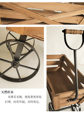 实木可移动小推车庭院装饰摆件
