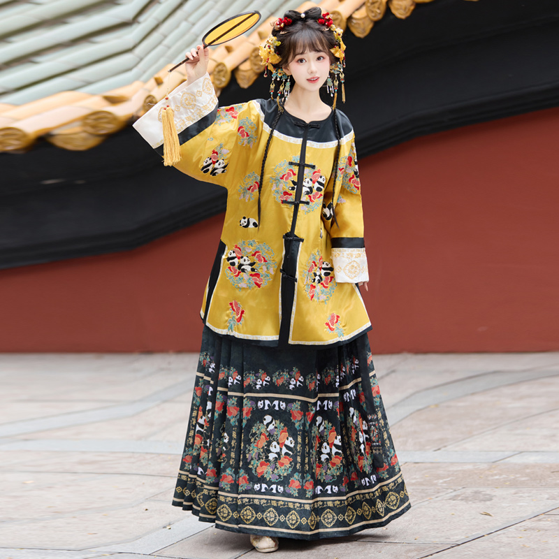 国宝熊猫原创清汉女套装清朝宫廷风重工刺绣清代服饰改良款非汉服 - 图1