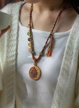 手工编织藏式吊坠绳五路财神唐卡项链绳天珠挂坠绳唐卡手绘纯手工