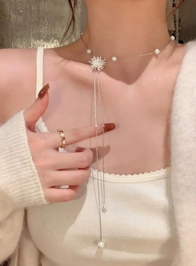 钛钢珍珠烟花流苏可抽拉毛衣链