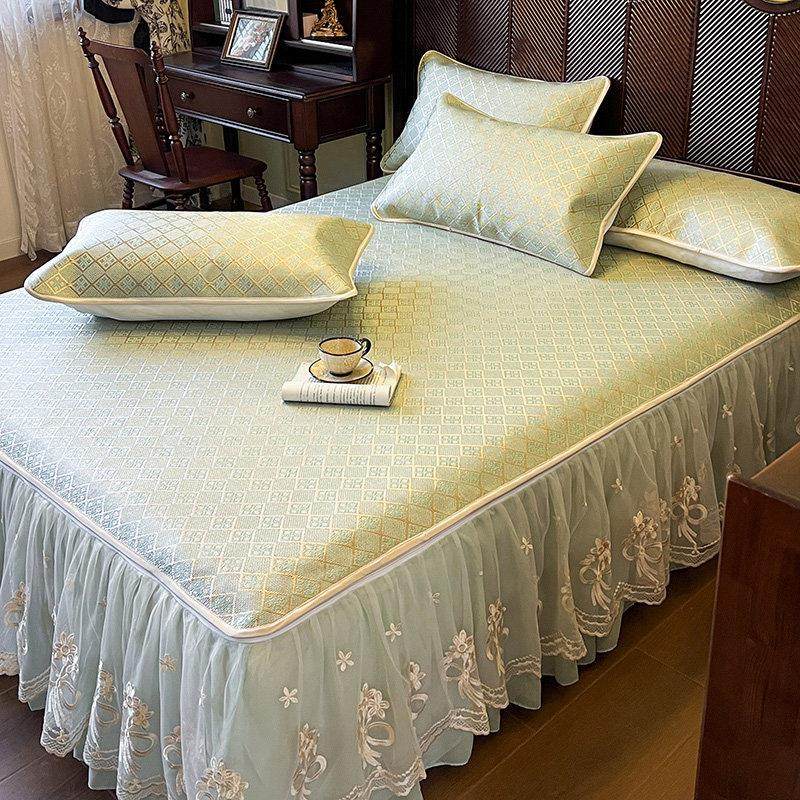 夏季冰藤席三件套床裙款蕾丝花边冰丝凉席床罩可水洗折叠空调凉席,淘宝优惠券,粉丝福利购,淘宝优惠卷