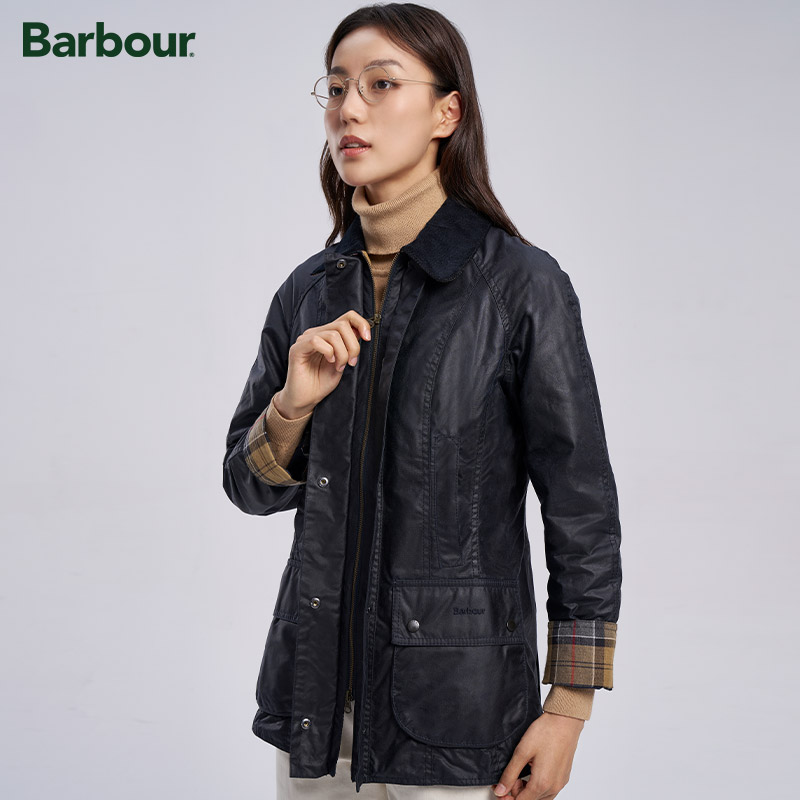 Barbour Beadnell女士四季纯棉经典修身格纹里涂蜡油蜡夹克-图0