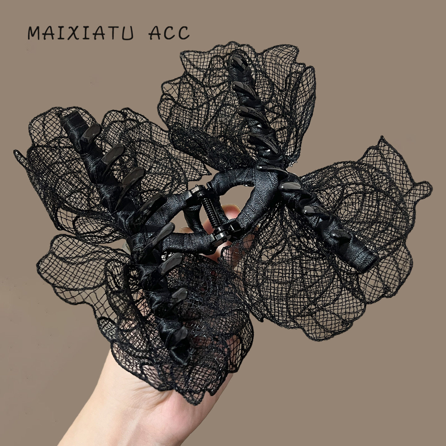 兰诺黑色蕾丝花边蝴蝶结发夹简约法式优雅后脑勺鲨鱼夹子大号抓夹 - 图2