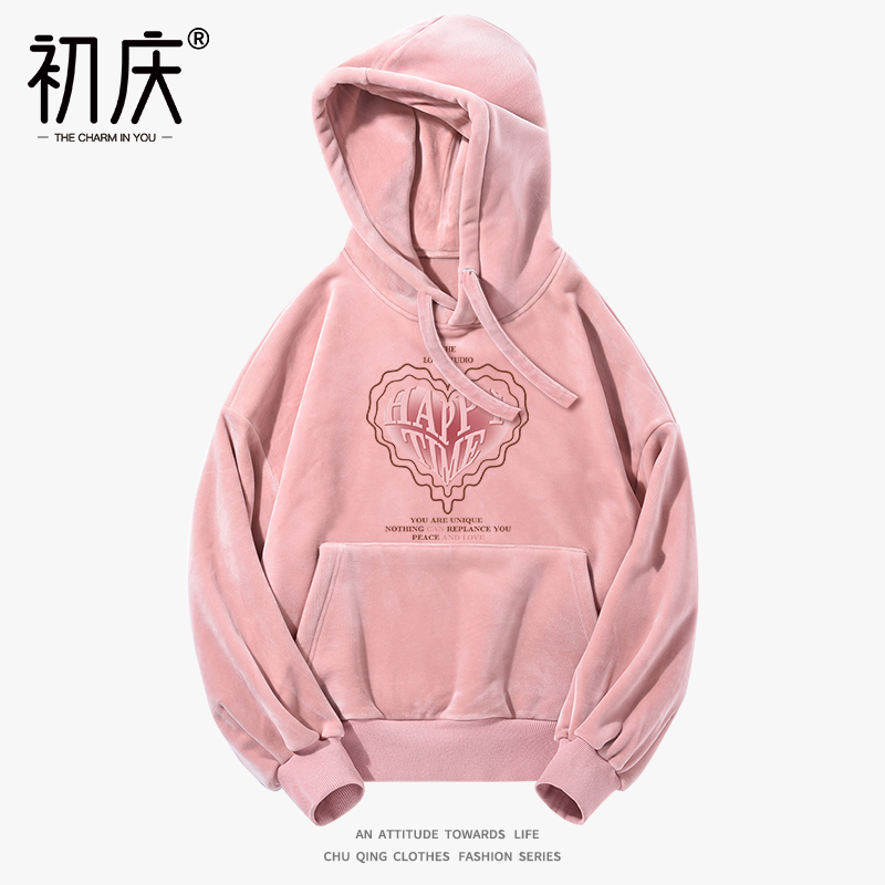 衛衣女2023新款春款金絲絨加絨加厚寬松簡約印花保暖連帽上衣外套_初慶服飾旗艦店_女裝_女士精品
