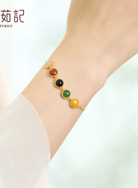 福茹记五路财神黄绿黑红白细纯银手链玛瑙碧玉夏日多巴胺八方来财