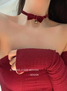 抖音同款圣诞铃节铛项圈女丝绒蝴蝶结choker项链颈环颈带红色颈链