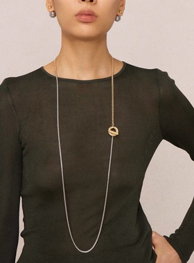 豆豆同款金银老花OT扣多佩戴长项链原创小众高级感拼色叠戴毛衣链