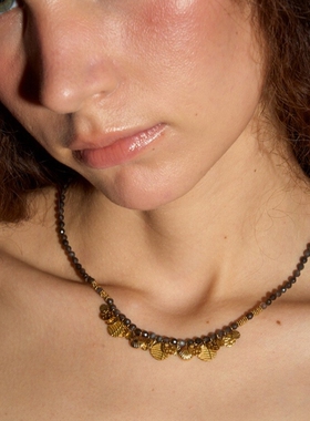 董洁同款黑曜石金色片片串珠项链