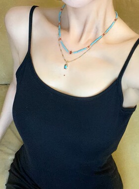 小彩串绿色叠戴项链女款2024新爆款夏日多巴胺锁骨链