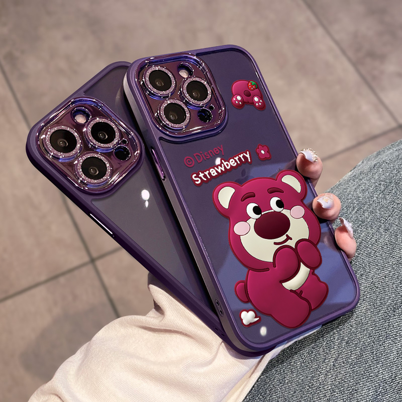适用于苹果14promax手机壳新款iphone15自带镜头膜高级感12创意女11透明全包防摔套硅胶15plus卡通紫色草莓熊-图3