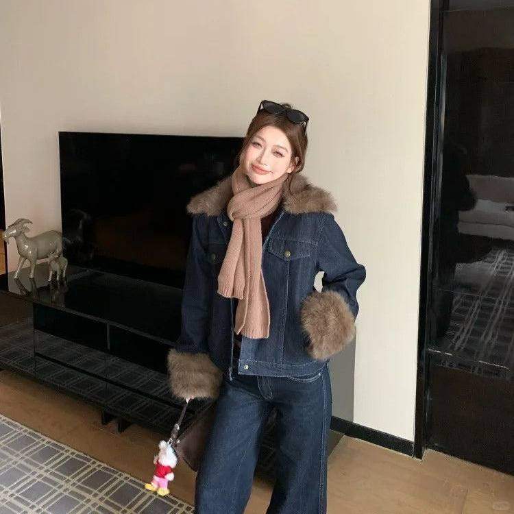 韩版毛毛领牛仔外套女秋冬2025新款气质宽松显瘦加厚短款棉服上衣,淘宝优惠券,粉丝福利购,淘宝优惠卷