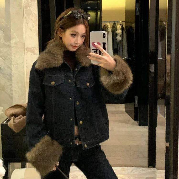 韩版毛毛领牛仔外套女秋冬2025新款气质宽松显瘦加厚短款棉服上衣,淘宝优惠券,粉丝福利购,淘宝优惠卷