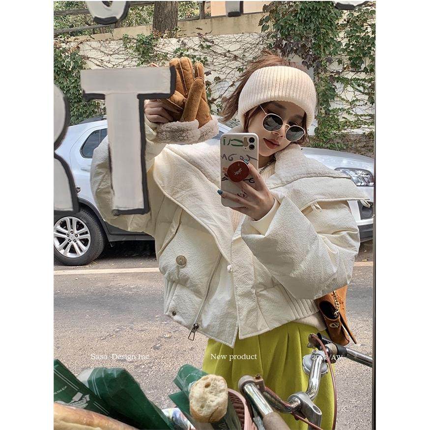 白鸭绒羽绒棉袄女2025冬季新款高腰羊羔毛大翻领短款面包服外套潮,淘宝优惠券,粉丝福利购,淘宝优惠卷