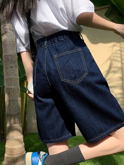 Темно-синие джинсовые шорты большого размера для женщин, новинка 2025 года, летний стиль, свободные утягивающие широкие брюки с пятью точками для маленьких людей