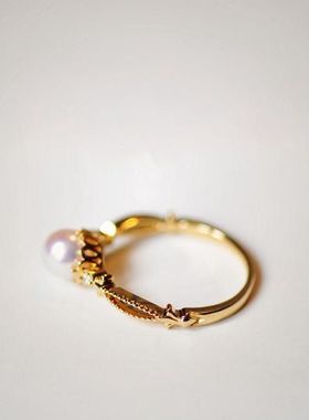 日系Akoya同款淡水珍珠银戒指女镶嵌锆石精致镀18k金戒指