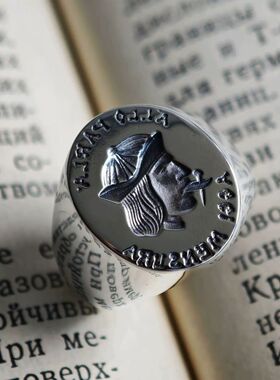 复古做旧铜镀金谨言慎行印章戒指