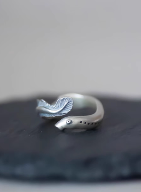 鸣浪 纯银925复古做旧精雕鳗鱼开口调节戒指环小众设计特立独行
