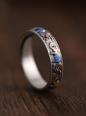 吉象珐琅彩戒指女款复古风国潮个性简约胖手可戴食指戒ins