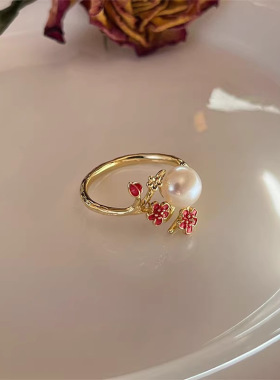 韩版简约红色花朵戒指轻奢开口指环女款