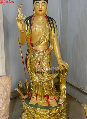 祥狮雕塑纯铜彩绘东方三圣佛像