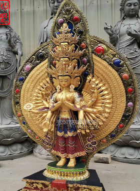 祥狮雕塑彩绘铜雕十一面千手观音