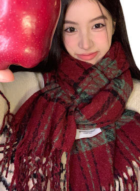 围巾冬季女情侣流苏围脖格子学生复古加厚保暖撞色格纹披肩红色