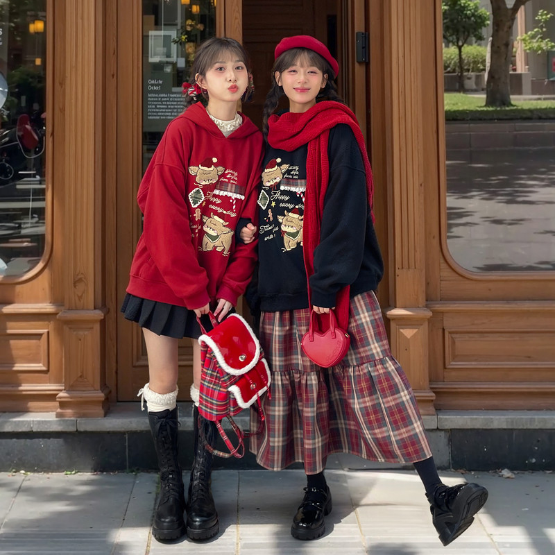 森女部落原创圣诞可爱小鹿闺蜜休闲卫衣2024年秋冬季新款女装