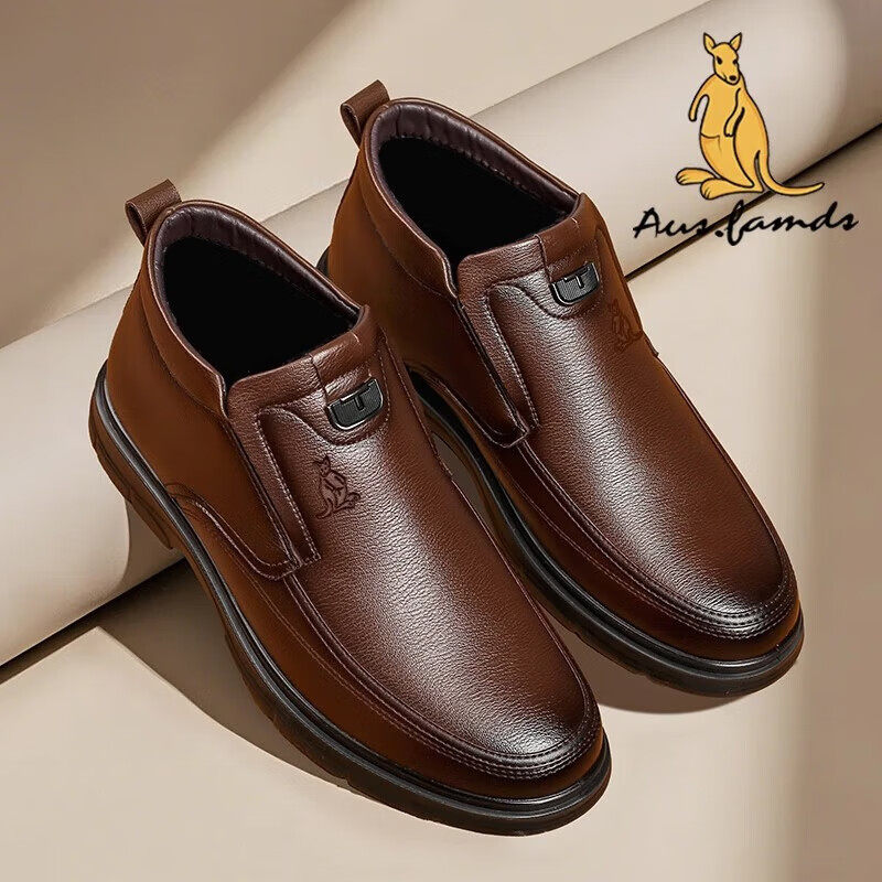 澳洲名袋鼠皮鞋男冬季真皮羊毛加绒厚底休闲高帮保暖爸爸棉皮鞋男,淘宝优惠券,粉丝福利购,淘宝优惠卷