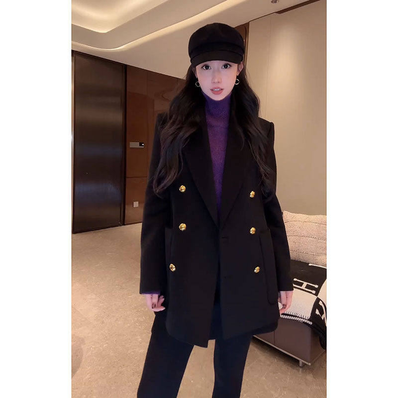 大李plus 羊绒澳毛黑金双排扣中长款大衣女冬季黑色西装毛呢外套,淘宝优惠券,粉丝福利购,淘宝优惠卷