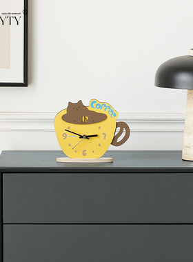 TEBO入户玄关时钟摆件客厅创意可爱卡通猫咪咖啡杯桌面装饰品